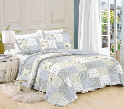 Printed 3 Piece Bed Quilt/ Bedspread/ Coverlet - Grey Patchwork