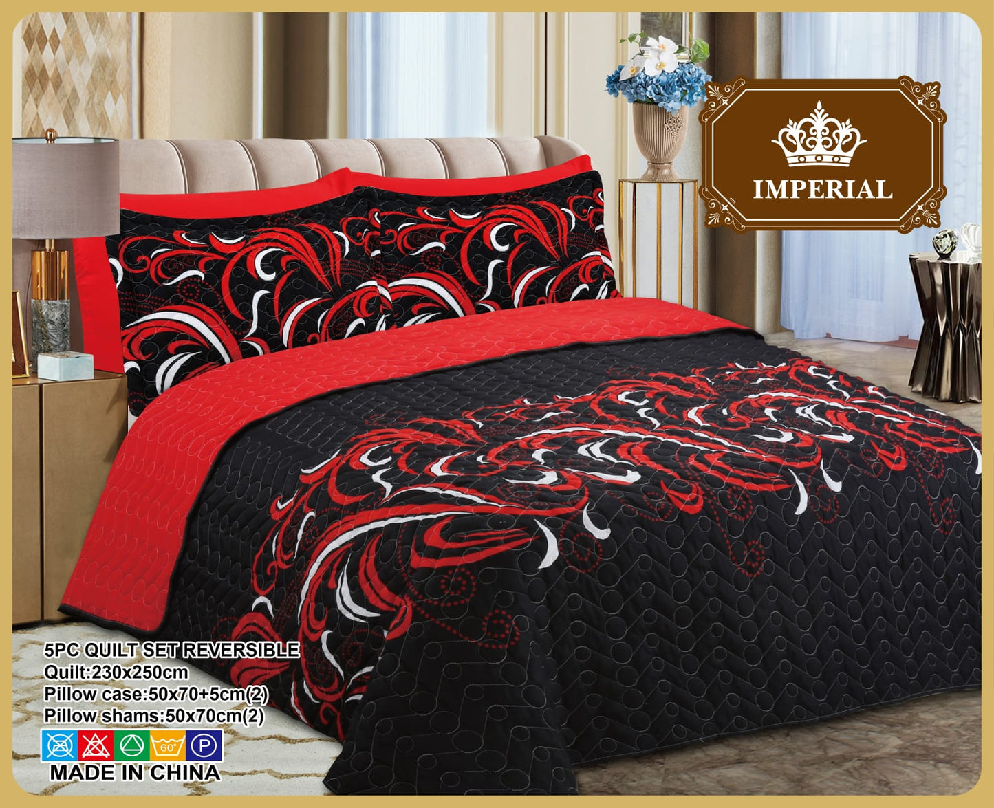 Imperial Home Printed 5-Piece Reversible Bed Quilt/Bedspread/Coverlet- Black Red