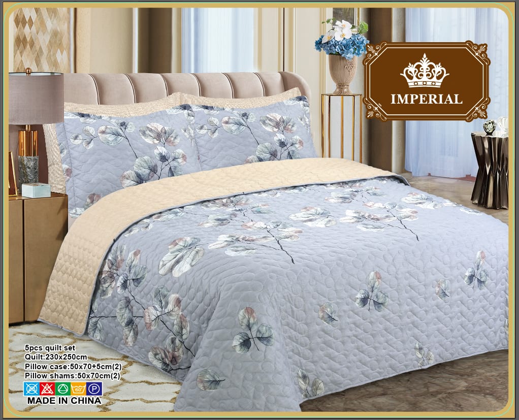 Imperial Home Printed 5-Piece Reversible Bed Quilt/Bedspread/Coverlet- Beige Grey Floral