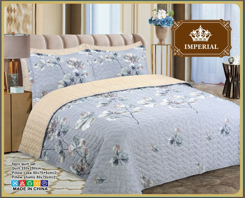 Imperial Home Printed 5-Piece Reversible Bed Quilt/Bedspread/Coverlet- Beige Grey Floral