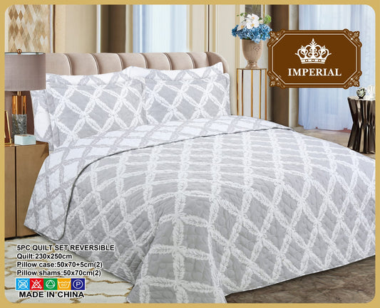 Imperial Home Printed 5-Piece Reversible Bed Quilt/Bedspread/Coverlet- White Grey