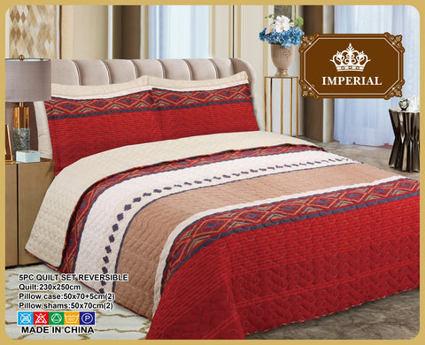 Imperial Home Printed 5-Piece Reversible Bed Quilt/Bedspread/Coverlet- Red Cream