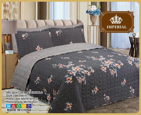 Imperial Home Printed 5-Piece Reversible Bed Quilt/Bedspread/Coverlet- Grey Floral