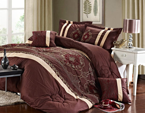Imperial- 9 Piece Embroidered Comforter Set- Brown