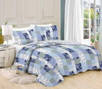 Printed 3 Piece Bed Quilt/ Bedspread/ Coverlet - Blue Patchwork
