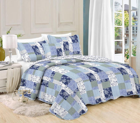 Printed 3 Piece Bed Quilt/ Bedspread/ Coverlet - Blue Patchwork