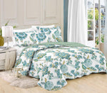 Printed 3 Piece Bed Quilt/ Bedspread/ Coverlet - Jungle Green Palmette