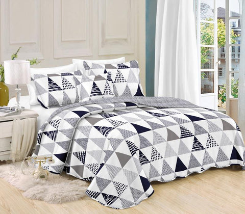 Printed 3 Piece Bed Quilt/ Bedspread/ Coverlet - Black/White Houndstooth