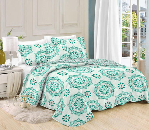 Printed 3 Piece Bed Quilt/ Bedspread/ Coverlet - Green Mosaic