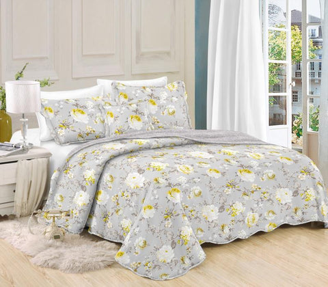 Printed 3 Piece Bed Quilt/ Bedspread/ Coverlet - Grey Floral